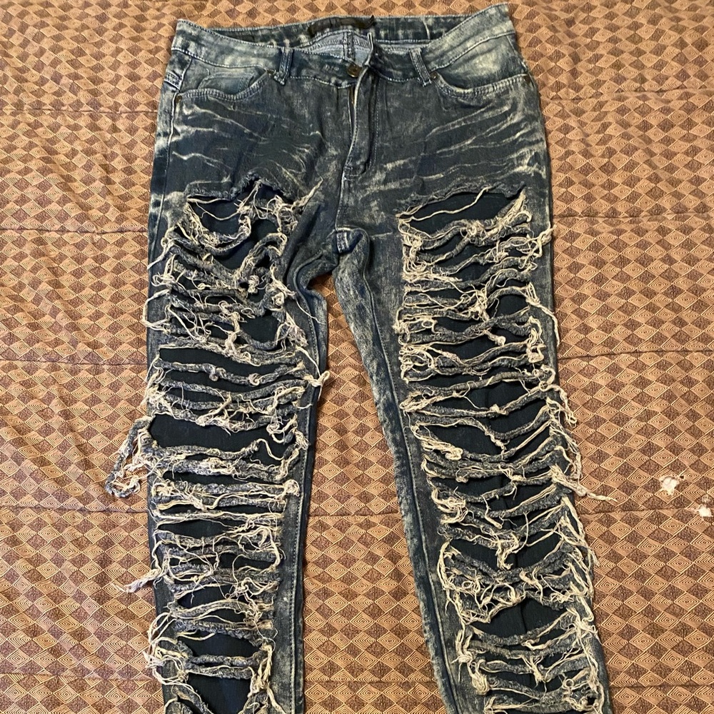 2000s baggy blue and black jeans